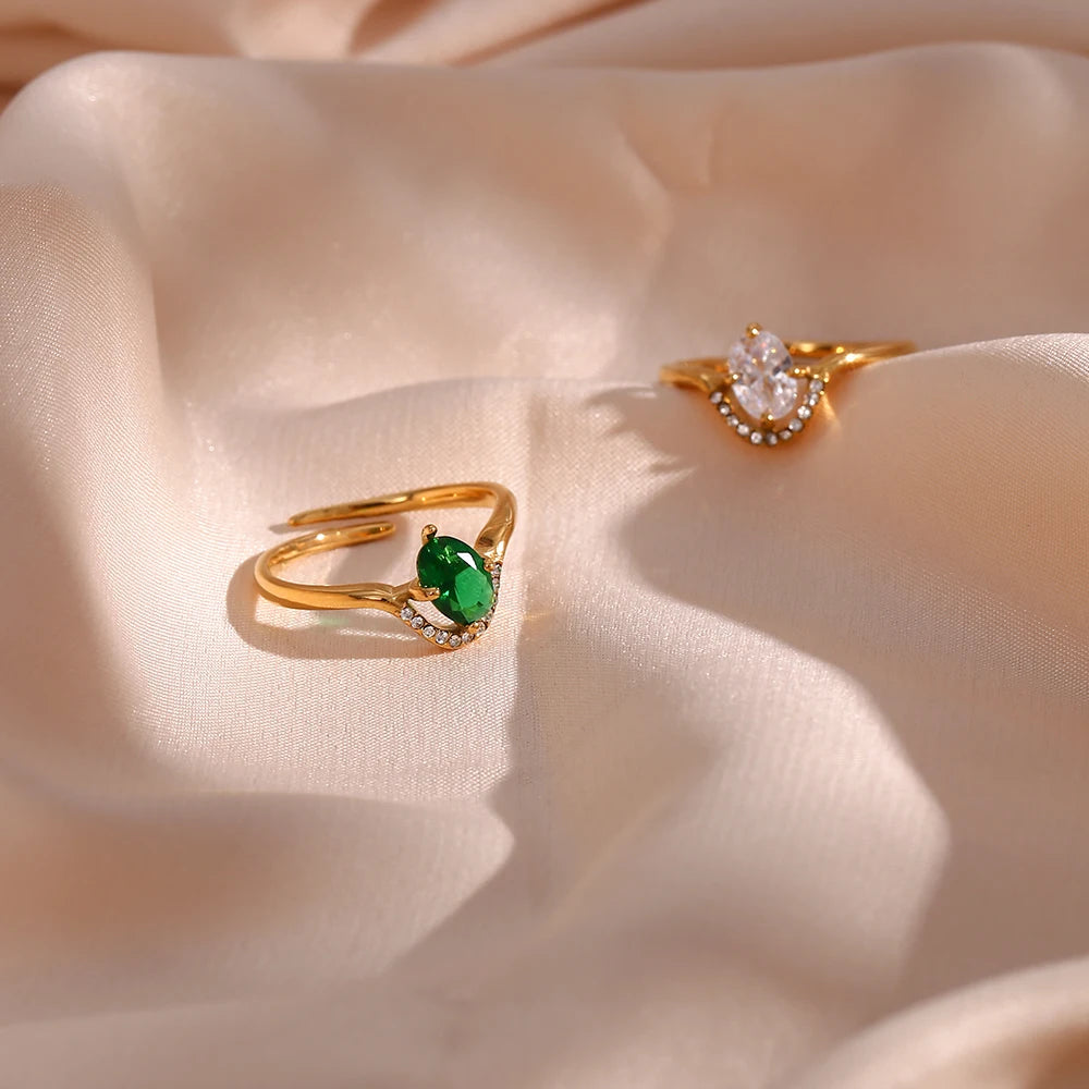 Anel ajustável Cristal Oval Banhado em Ouro 18K