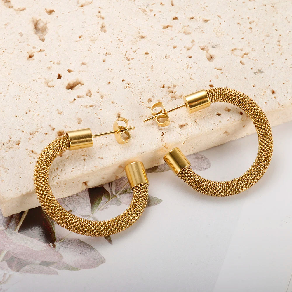 Vintage tecido malha c forma loop hoop brincos de aço inoxidável à prova d18 água 18 k banhado a ouro brincos de metal para jóias femininas 2023 206101513 
